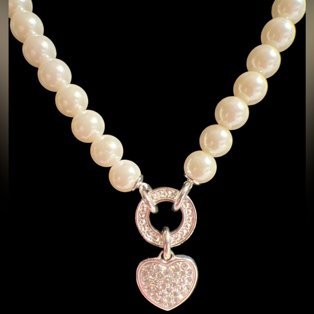 Nvc Signed Necklace Faux Pearl Beads Heart Ring Single Strand Costume Jewelry